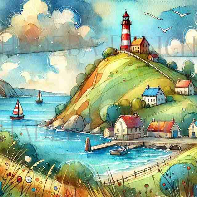 #2025 Lighthouse on a Hill Whimsical Artblocks - Digital Designs for Sublimation, DTF and Printing