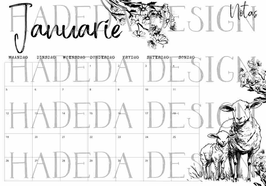 2026 Coloring Calendar Afrikaans - Farm Life